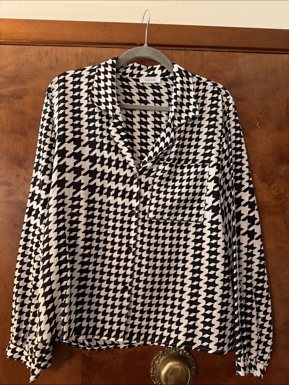 Anine Bing Black and White Houndstooth Collared Blouse